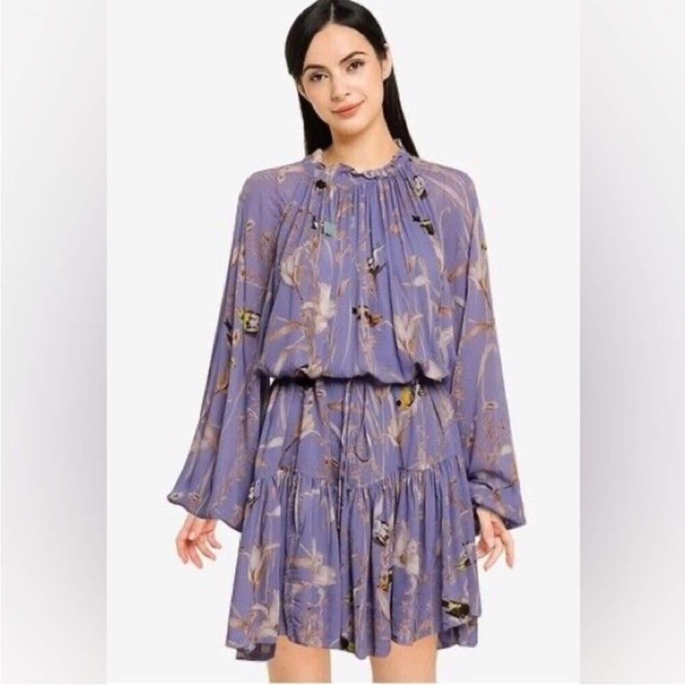 Banana Republic Sheer Babydoll Swing Birds LS Volume Sleeve Mini Summer Dress XS